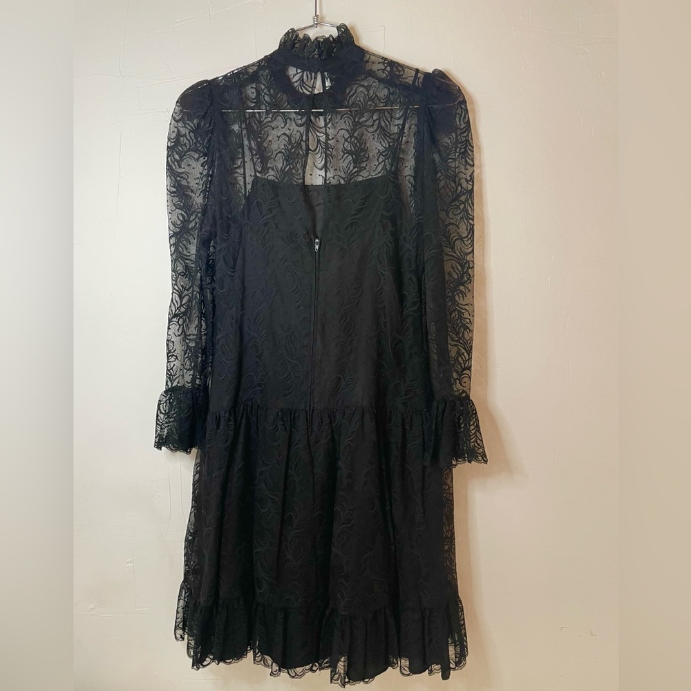 Vintage Black Lace Ruffle High Neck Drop Waist Whimsy Goth Romantic Dress - Picture 2 of 16